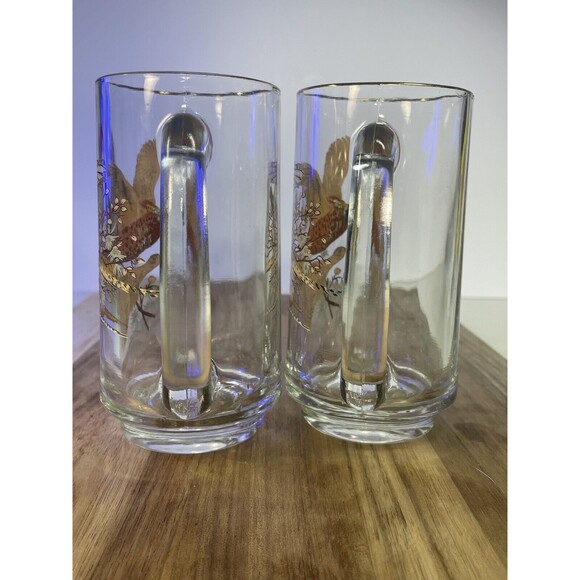 VTG Painted Glass 2 Beer Mugs Pheasant Grouse Hunting Game Birds MCM Man Cave - Picture 3 of 12
